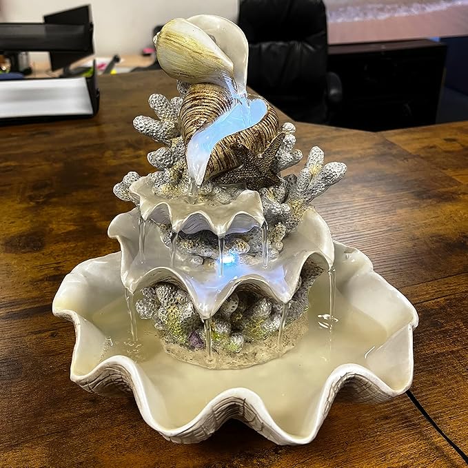 10.5" H Coral Reef Shell Fountain Indoor Fountain with LED Lights and Adjustable Motor Pump (Power Cord Attached) (Resin) - Bloomnest