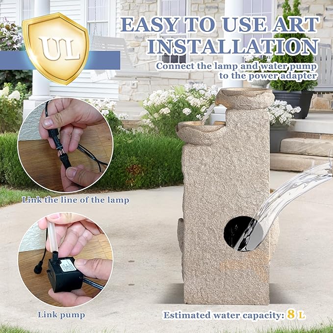 Grepatio Outdoor 5-Tiers Cascading Rock Water Fountain, Waterfall Fountain with 5 LED Lights, Beige Bowl Feature Fountains and Waterfalls for Garden or Patio, Yard, and Deck Decor - Bloomnest