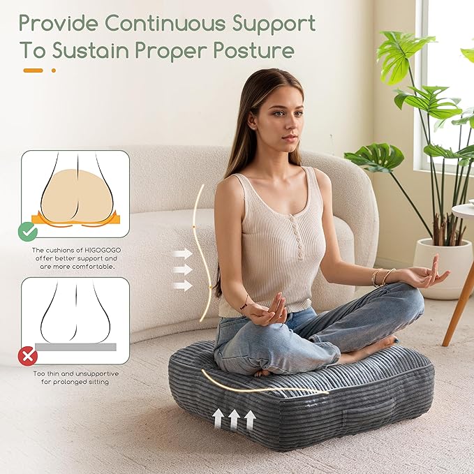 6" Washable Floor Pillow Cushion for Adults, Meditation Cushion Pillow, Large Square Floor Sitting, Removable Tufted Corduroy Cover, for Tatami Living Room or Yoga, 22x22 Inch, Machine Washable - Bloomnest