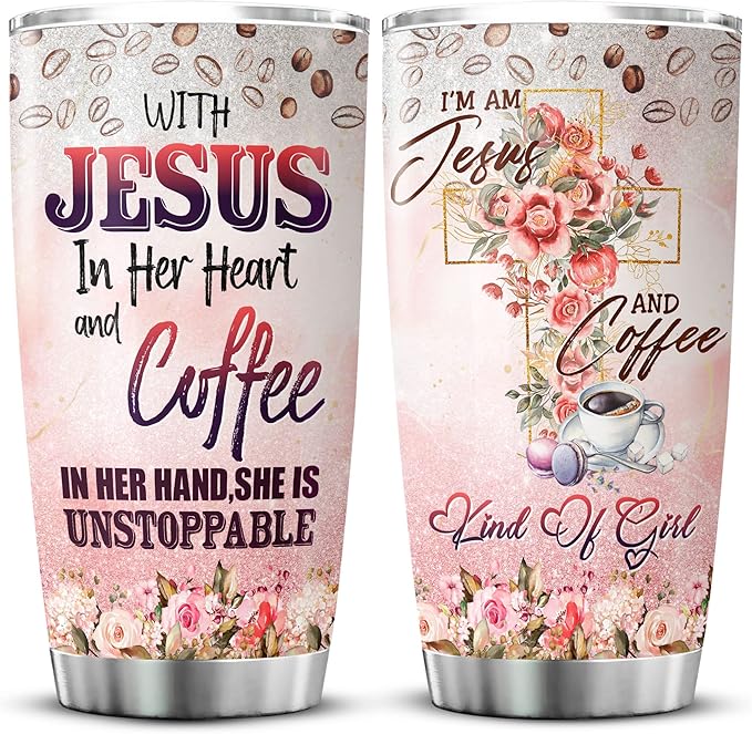 With Jesus In Her Heart And Coffee In Her Hand Insulated Stainless Steel Tumbler Flower Floral Christian Coffee Cup 20oz God Jesus Gifts For Women Religious Mug With Lid - Bloomnest