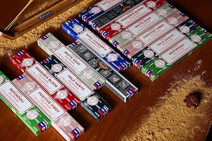 EARTH Satya Incense Sticks Set of 7 - Nag Champa, Super Hit, Dragon's Blood, White Sage, Positive Vibes, Palo Santo, Patchouli 15 GMS (Green Certified)- Hand Rolled Incense Sticks Earth