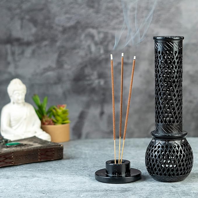 Crocon Handmade Black Marble Soapstone Incense Stick Burner Round Shape Jali and Handi Design Tower Burner | Candle Stick Holder | Decorative Home & Kitchen Best Gift Size - (2.7X2.7X9.4 Inch)