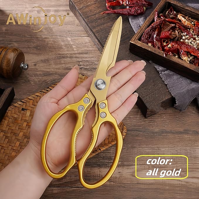 AWinjoy Japanese Gold Kitchen Scissors, Heavy Duty Stainless Steel, Multipurpose Cooking Shears, Dishwasher Safe - Bloomnest
