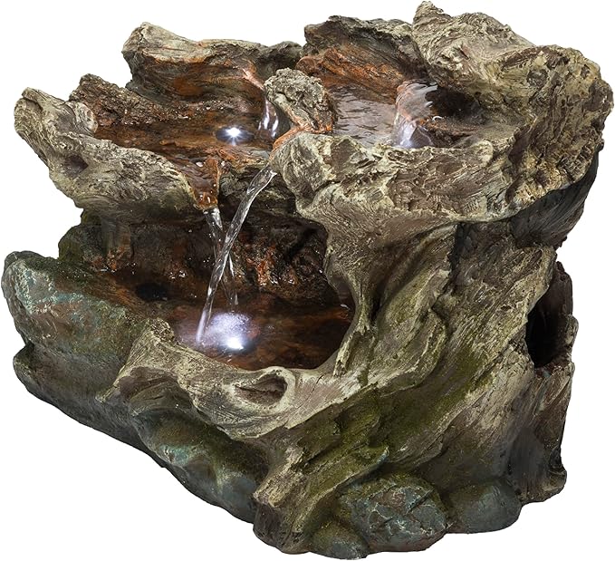 Alpine Corporation WIN1334 10" Tall Tabletop 3-Tier Waterfall Rock Fountain with LED Lights, Indoor Decorative Water Feature for Desk, Table, Office, and Home, Brown - Bloomnest