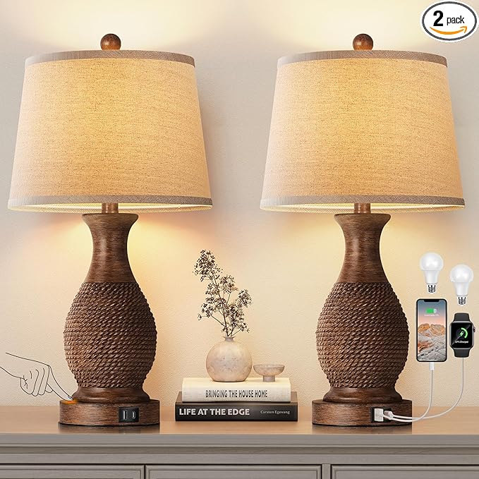 PARTPHONER Table Lamps Set of 2, Bedside Touch Lamp with USB C+A Charging Ports, Side Table Lamp with Linen Fabric Shade (LED Bulbs Included), Wood - Bloomnest
