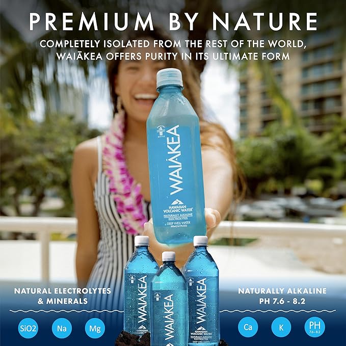 Waiākea - Hawaiian Volcanic Water - Naturally Alkaline Water - pH Range 7.6 to 8.2 - All Natural Minerals & Electrolytes - 100% Recycled Water Bottles - Bottled Water 24 Pack - 16.9 Fl Oz, 500 mL - Bloomnest