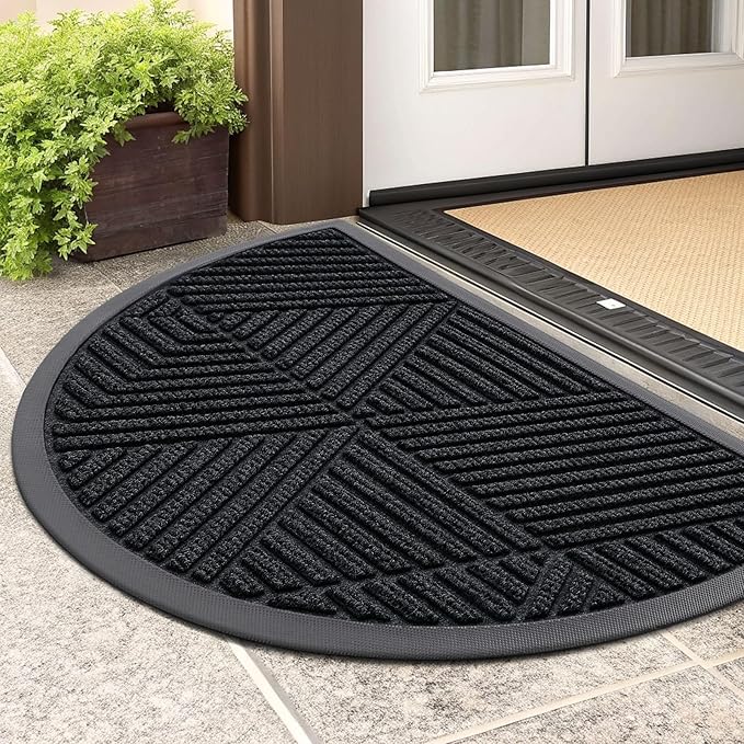 Smiry Half Circle Front Door Mat Outside Entrance, Heavy Duty Sturdy Natural Rubber Doormat, Trap Dirt and Moisture, Low Profile Mats for Indoor Outdoor Entry, Irregular Triangle (29.5x17, Black) - Bloomnest