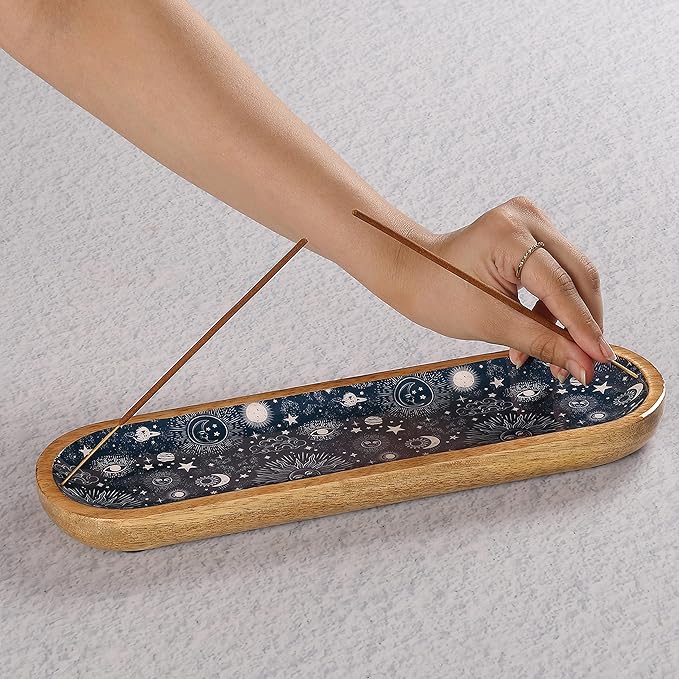 Folkulture Incense Holder for Sticks or Incense Burner Holder, Modern Insence-Stick Holder or Ash Catcher for Home Décor, Wooden Inscents-Holders, Mango Wood Trough, Cosmic