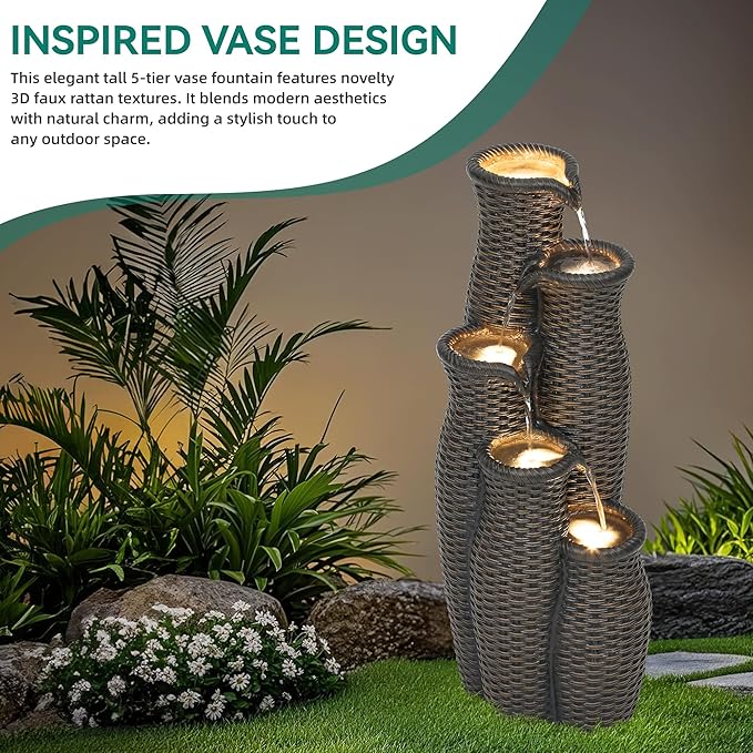 Outdoor Water Fountain with Lights, Faux Rattan Vase Fountain with 5-Tier Waterfall, Polyresin Cascading Waterfall Feature with Tranquil Oasis for Garden, Patio, Yard, or Porch - Bloomnest