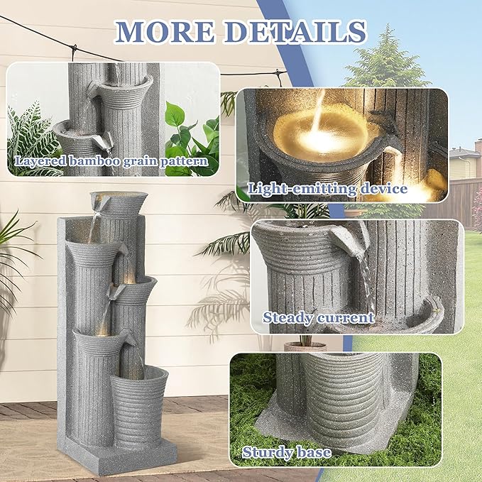 Grepatio Garden Water Fountain, 5 Tier Outdoor Cascading Waterfalls Fountains with LED Lights and Pump Indoor Modern 24" H Floor Standing Water Fountain for Garden, Patio, House Decor (Light Grey) - Bloomnest