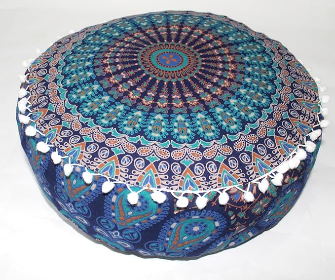 INDIAN CRAFT CASTLE ICC Mandala Barmeri Large Floor Pillow Cover Cushion Meditation Seating Ottoman Throw Cover Hippie Decorative Zipped Bohemian Pouf Ottoman Cases Blue Ombre 24" Round - Bloomnest
