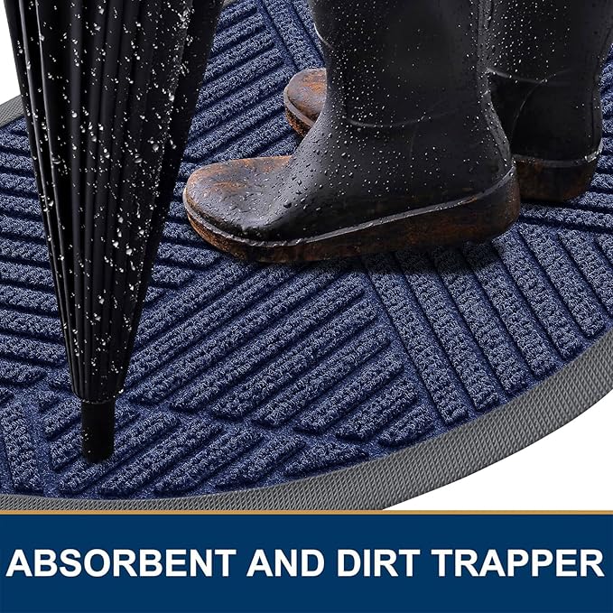 Smiry Half Circle Front Door Mat Outside Entrance, Heavy Duty Sturdy Natural Rubber Doormat, Trap Dirt and Moisture, Low Profile Mats for Indoor Outdoor Entry, Irregular Triangle (47x32, Navy Blue) - Bloomnest