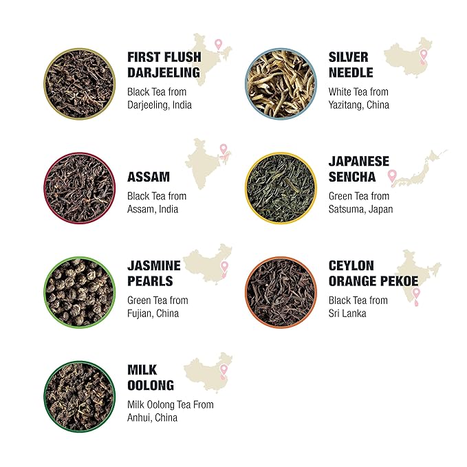 Tiesta Tea - Single Origin Tea Sampler Dry Flight Set, Loose Leaf, High to Low Caffeine, Makes Hot & Iced, Assorted Brew Sets with Green, White, Black & Oolong, 7 Resealable Sample Pouches - Bloomnest