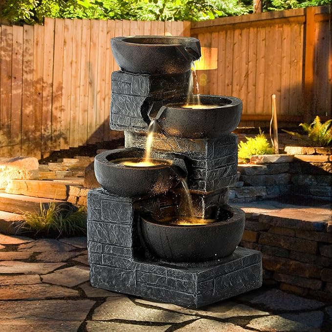 Outdoor Water Fountains with Cascading Bowls, 4-Tiers Fountains and Waterfalls w/LED Lights,Indoor Morden Floor Standing Resin Water Feature for Garden Patio Backyard Home Decor (Grey & Brown) - Bloomnest