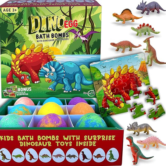 Bath Bombs for Kids with Surprise Toys Inside Plus Dinosaur Puzzle - 9 Organic Dino Egg Bath Bombs, Gentle and Kids Safe, Fizzy Balls with Rich Bubbles, Stocking Stuffers Christmas Gifts for Kids - Bloomnest