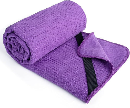 POLYTE Microfiber Hot Yoga Towel Mat with Non-Slip Silicone Grip and Secure Fit Elastic Straps, 24 x 72 in (Purple) - Bloomnest