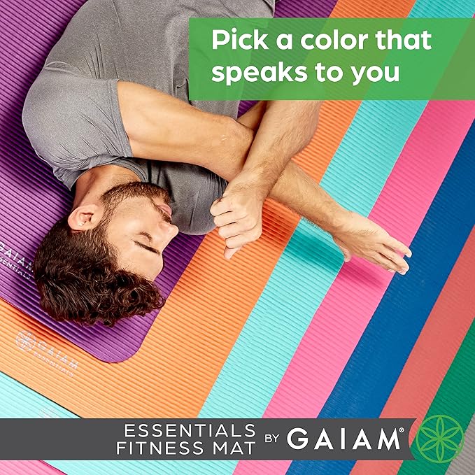 Gaiam Essentials Thick 2/5" (10mm) and Thin 1/4" (6mm) Yoga & Pilates, Fitness & Exercise Mat with Easy-Cinch Carrier Strap