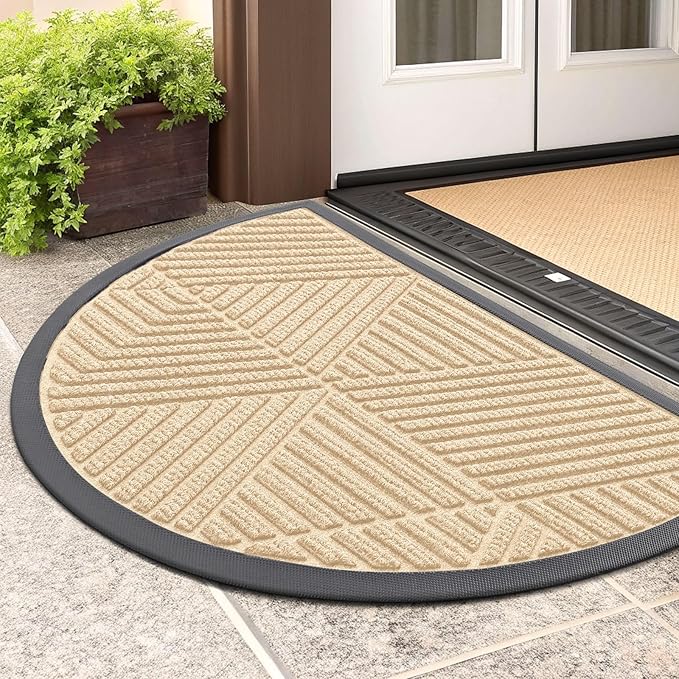 Smiry Half Circle Front Door Mat Outside Entrance, Heavy Duty Sturdy Natural Rubber Doormat, Trap Dirt and Moisture, Low Profile Mats for Indoor Outdoor Entry, Irregular Triangle (29.5x17, Beige) - Bloomnest
