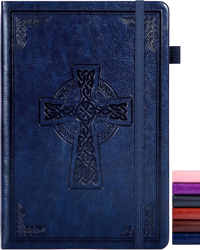 CAGIE Leather Lined Journal Notebook for Men & Women, Debossed Cross, 320 Pages 100 GSM Thick Paper, A5 Hardcover Journaling Notebooks for Writing, 5.7'' X 8.3'' Diary, Navy - Bloomnest
