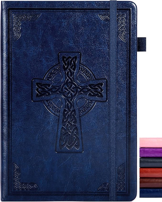 CAGIE Leather Lined Journal Notebook for Men & Women, Debossed Cross, 320 Pages 100 GSM Thick Paper, A5 Hardcover Journaling Notebooks for Writing, 5.7'' X 8.3'' Diary, Navy - Bloomnest