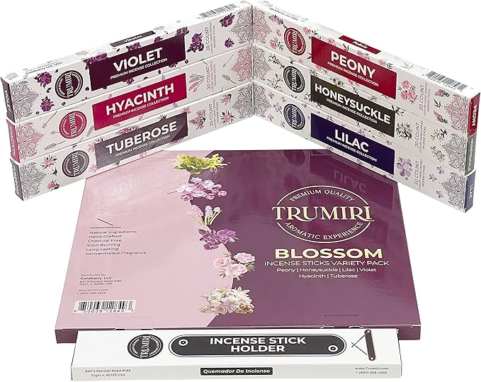 Blossom Incense Sticks Variety Pack - 120 Insence-Sticks (6 Incents x 20 Insense) - Peony Honeysuckle Lilac Violet Hyacinth Tuberose - Natural Inscents-Sticks Non Toxic Incienso + Stick Incense Holder - Bloomnest