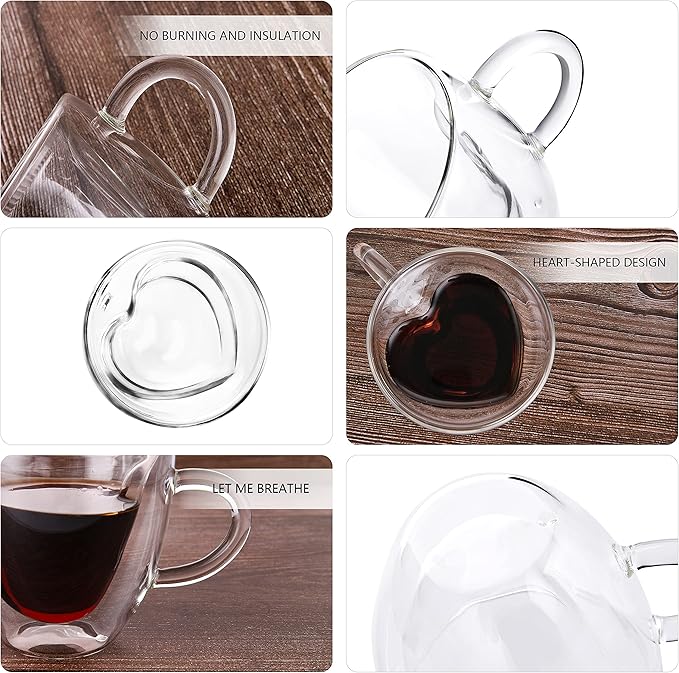 CNGLASS Mothers Day Gifts for Mom,Double Wall Heart Shaped Glass Coffee Mugs 5oz(Set of 2),Insulated Clear Tea Cups with Handle,Unique Glass Espresso Mugs for Coffee,Cappuccino,Latte,Milk - Bloomnest