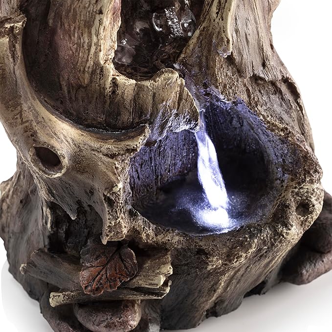 Alpine Corporation WIN326 Indoor Tabletop Light-Up Tiered Rainforest Tree Trunk Water Fountain with LED Lights, 11", Brown - Bloomnest