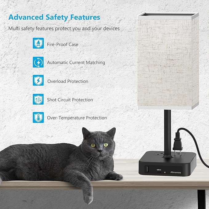 Touch Control Bedside Table Lamp with USB C & USB A Charging Port and 2 AC Outlet, Minimalist LED Desk Light with Charger Base Brown Fabric Shade for Bedroom/Nightstand/Office - Bloomnest