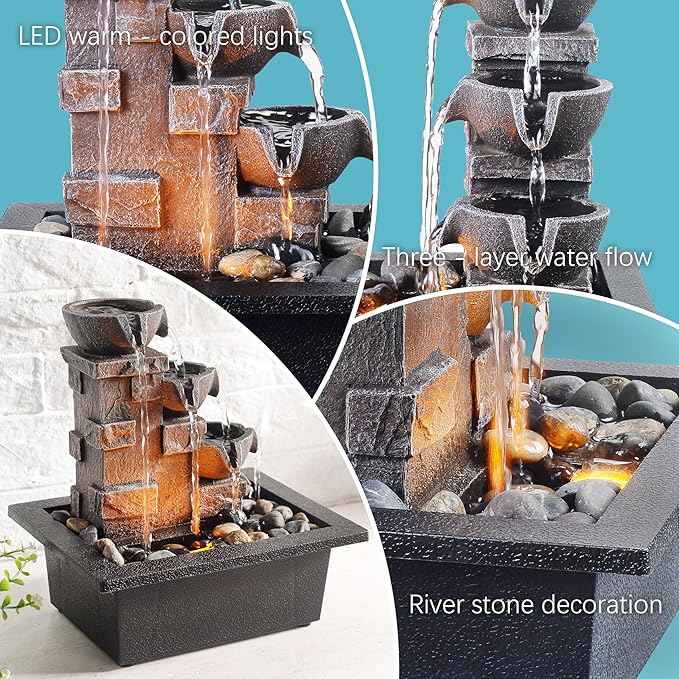 GOSSI Home Décor Imitation 3-Tier Stone Wall Tabletop Fountain Many Natural River Rock Office Relaxing Desktop Zen Waterfall Meditation Tabletop Fountain LED Lights Fountain Christmas Decorations - Bloomnest