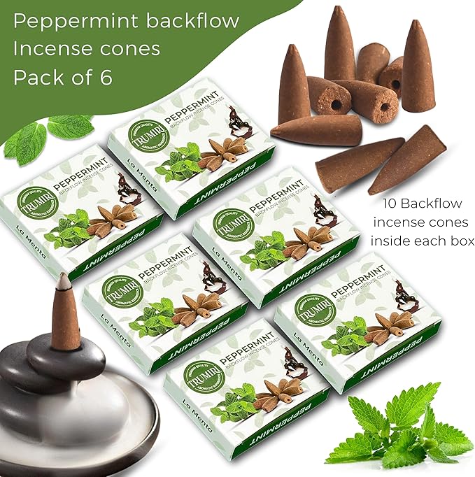 Peppermint Backflow Incense Cones - Total 60 Incense Cones Waterfall - Six Packs of 10 Incense Backflow Cones - Waterfall Inscent Cones - Incense Waterfall Cones