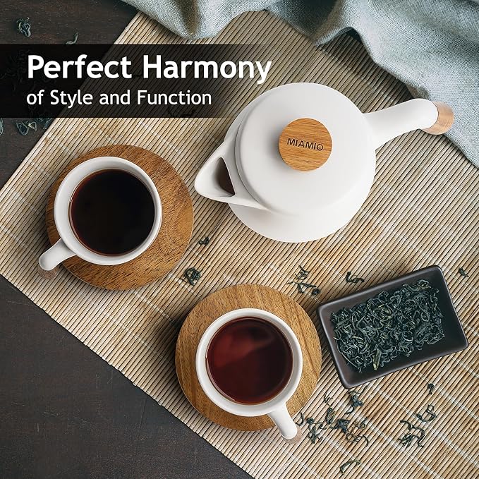MIAMIO – 34 Oz Ceramic Tea Pot Set with Infuser and Cups/Tea Strainer, 4 Ceramic Tea Mugs (10 Oz), Bamboo Saucers/Handle for Home and Office (White) - Bloomnest