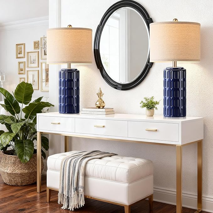 PARTPHONER 23" Farmhouse Modern Ceramic Table Lamp Set of 2 - Navy Blue Bedside Lamps for Bedroom & Living Room, Nightstand, Desk, End Table - Bloomnest