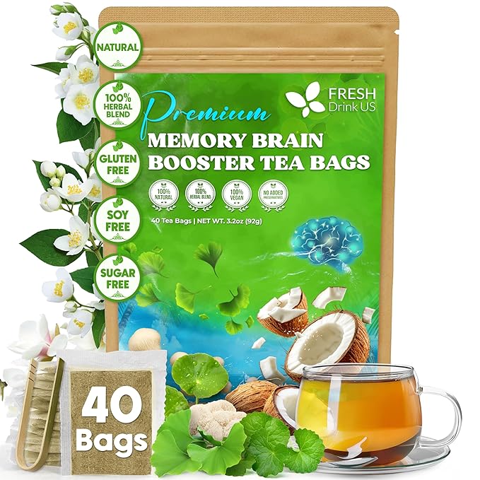 FreshDrinkUS, Memory Brain Booster Herbal Tea – 40 Tea Bags – Ginkgo Biloba, Gotu Kola, Lion's Mane & MCT Coconut Oil – Smooth, Earthy Flavor – Caffeine-Free – Daily Herbal Blend for Anytime Use - Bloomnest