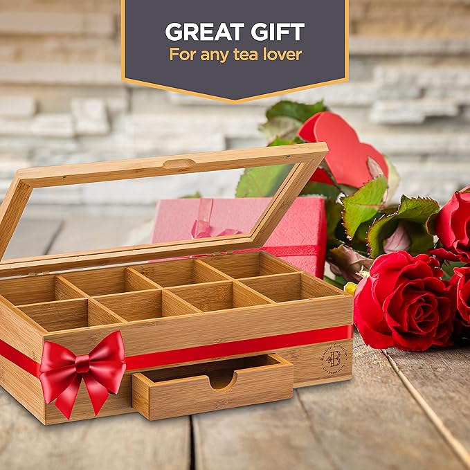 Bambüsi Tea Box Organizer with Drawer - 8 Compartment Bamboo Wooden Tea Storage Chest with Acrylic Window & Magnetic Lid - Tea Accessories & Gift Set for Women, Birthdays, House Warming Gifts New Home - Bloomnest