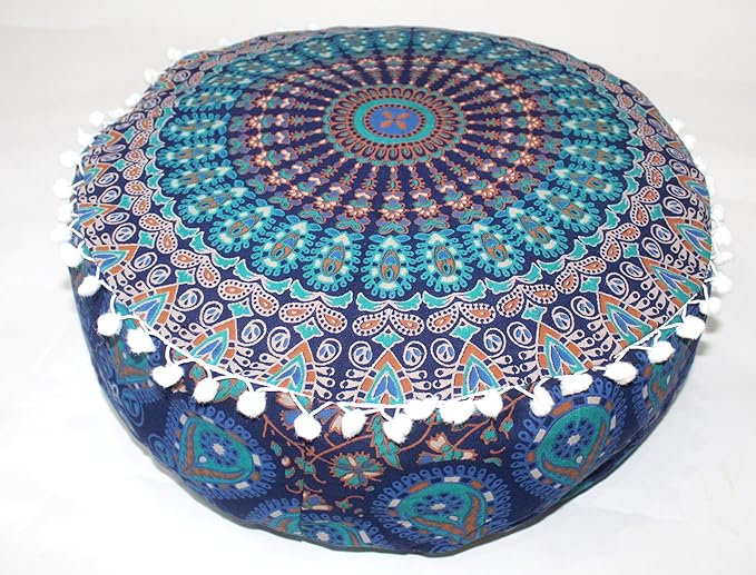 INDIAN CRAFT CASTLE ICC Mandala Barmeri Large Floor Pillow Cover Cushion Meditation Seating Ottoman Throw Cover Hippie Decorative Zipped Bohemian Pouf Ottoman Cases Blue Peacock 18" Round - Bloomnest