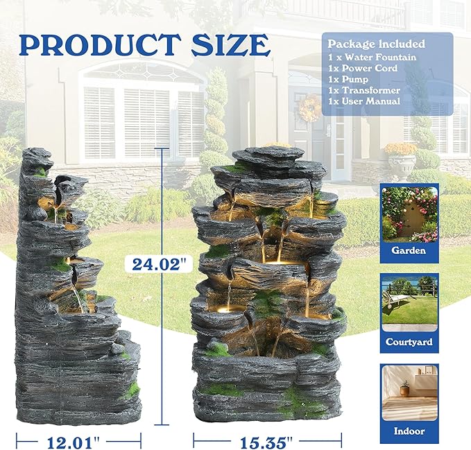 TITIMO 7-Tier Cascading Rock Water Fountain Outdoor Garden Waterfall with Lights,Fountain Indoor Decor for Garden, Patio, Backyard, Deck, Porch and Home Art Decor (24" H) - Bloomnest