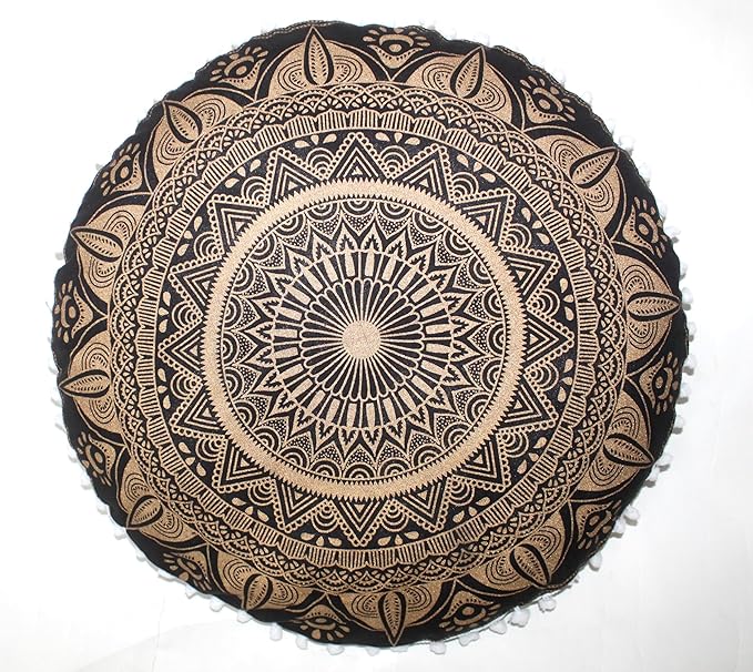 CRAFT KALA Large Round Bohemian Floor Pillow Pouf Cover Mandala Meditation Room Pillow Cover for Adults Boho Seating Poufs Cushion Cover for Kids Playroom Black Golden 32" Round - Bloomnest
