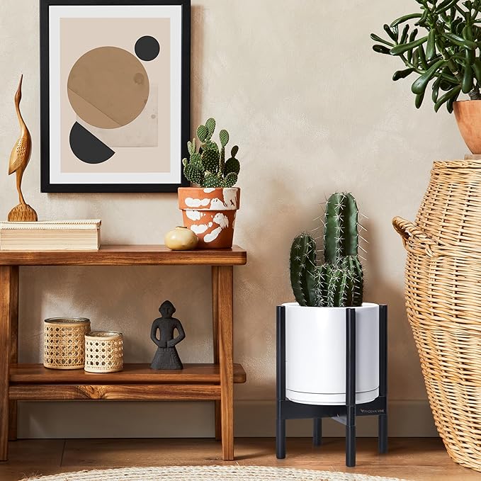 D'vine Dev Ceramic Planter with Ebony Stand - 10 Inch Modern Round Flower Pot with Wood Planter Holder, White, 55-B-L-1 - Bloomnest