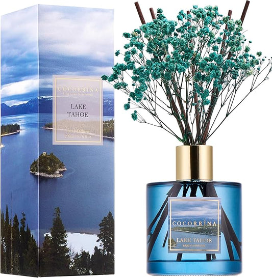 COCORRÍNA Reed Diffuser - Lake Tahoe 6.7 Fl.oz Reed Diffuser Set with 8 Sticks & Preserved Baby's Breath, Reed Diffuser for Home Bathroom Shelf Decor - Bloomnest