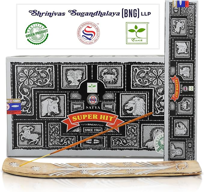 Satya Super Hit Incense Sticks, Satya Bng (Bangalore) Insenses 15gmx12 Pack with Raajsee Incense Holder Bundle, Satya Nagchampa Natural Incense - Bloomnest