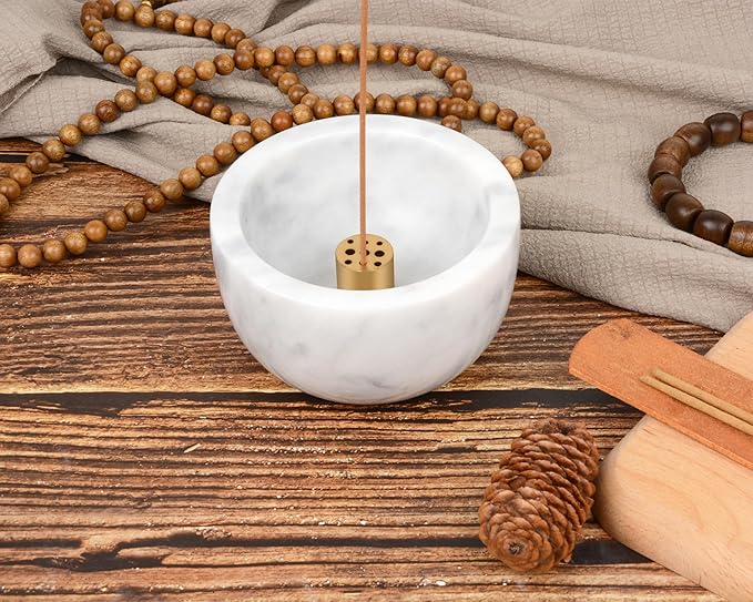 Natural Marble Incense Holder with Brass 9 Holes Incense Stick Holder, Incense Burner ash Catcher, for Meditation Incense Burning, Easily Grab Incense Ash (White), XL-01 - Bloomnest