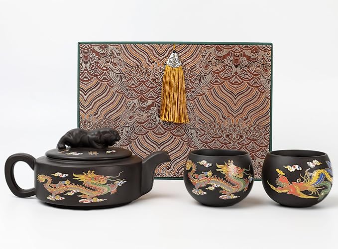 Hand-made Dragon and Phoenix Color-changing Purple Clay Teapot – Chinese Kung Fu Tea Set, Tea Lover’s Gift, Large Capacity (Teapot + 2 Cups - Gift Box Set) - Bloomnest