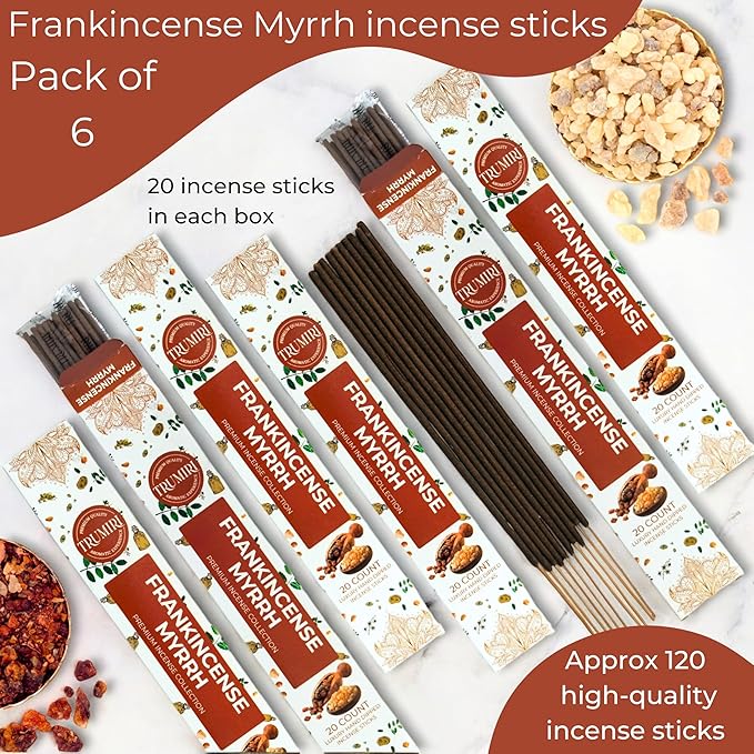 Frankincense and Myrrh Incense Sticks - Total 120 Insence-Sticks - 6 Packs of 20 Insense - Inciensos - Inscents - Natural Non Toxic Ingredients - Incents - Incence - Inscense - Insents TRUMIRI