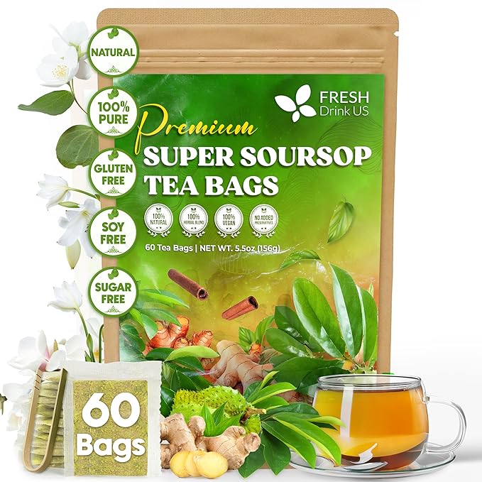 FreshDrinkUS, Super Soursop Herbal Tea – 60 Tea Bags | Soursop, Ginger, Turmeric, Lemongrass, Cinnamon, Black Pepper & Peppermint | Caffeine-Free, Natural Flavor, Plant-Based Blend | Sugar-Free - Bloomnest