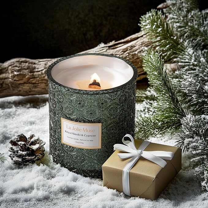 LA JOLIE MUSE Kōya Hinoki & Cypress Scented Candle – Pine, Leather & Hinoki | 19 oz Festive Christmas Candle | Wooden Wick | Clean Burn & Vibrant Scent | Fun Gift for Hosts & Fall Tablescapes - Bloomnest