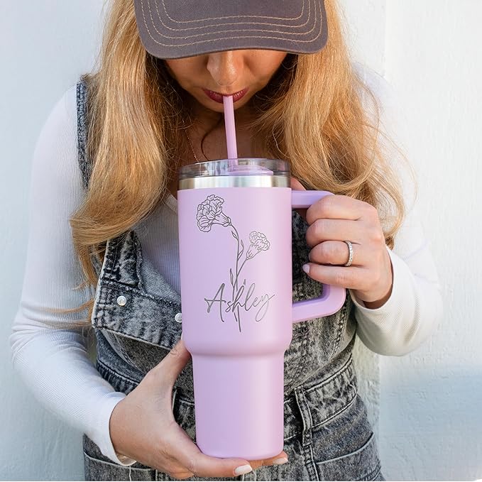 Personalized 40 Oz Birth Flower Tumbler - Engraved Stainless Steel Travel Mug with Handle and Straw - Birthday Gifts for Women, Navy Blue - Bloomnest