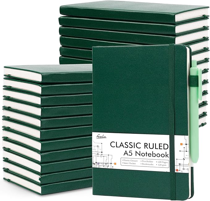 feela 24 Pack Journal Notebook for Work, Business Notebook Bulk Hardcover Lined Writing Journal with Pen Holder for Men Women Note Taking, with 24 Black Pens, 120 GSM, 5.1”x8.3”, A5, Dark Green - Bloomnest