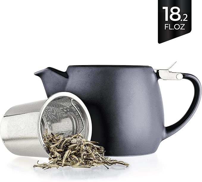 Tealyra - Pluto Porcelain Small Teapot Black - 18.2-ounce (1-2 cups) - Matte Finish - Stainless Steel Lid and Extra-Fine Infuser To Brew Loose Leaf Tea - 540ml - Bloomnest