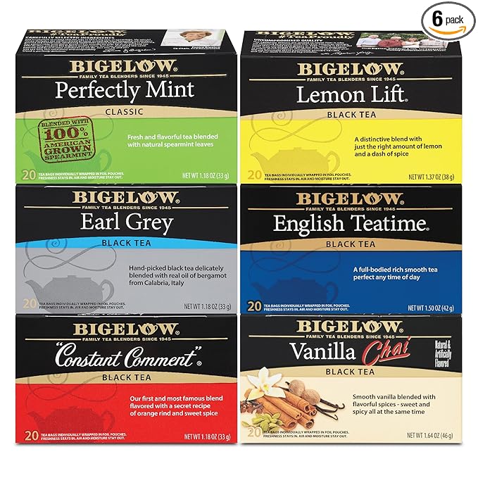 Bigelow Tea Black Tea 6 Flavor Variety Pack, Caffeinated Tea with Mint, Lemon, Constant Comment, English Teatime, Earl Grey, and Vanilla Chai, 20 Count Box (Pack of 6), 120 Total Tea Bags - Bloomnest
