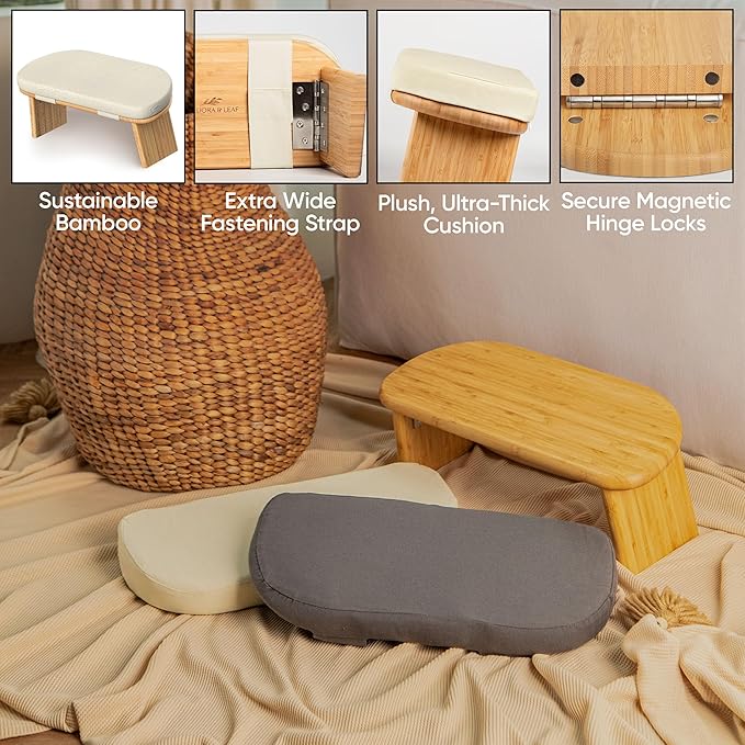 Meditation Chair w/ Extra Thick Cushion - Portable Bamboo Meditation Bench w/ Magnetic Locking Hinge - Anterior Tilt Seiza Bench Ideal for Comfortable & Stable Meditation - Sleek Canvas Kneeling Chair - Bloomnest
